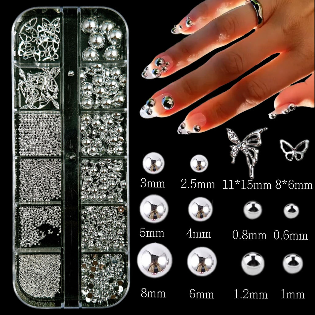 BANA ART Silver Nail Charms Y2K Kit – 5 Boxes of 3D Charms, Pearls, Rhinestones & Rivets