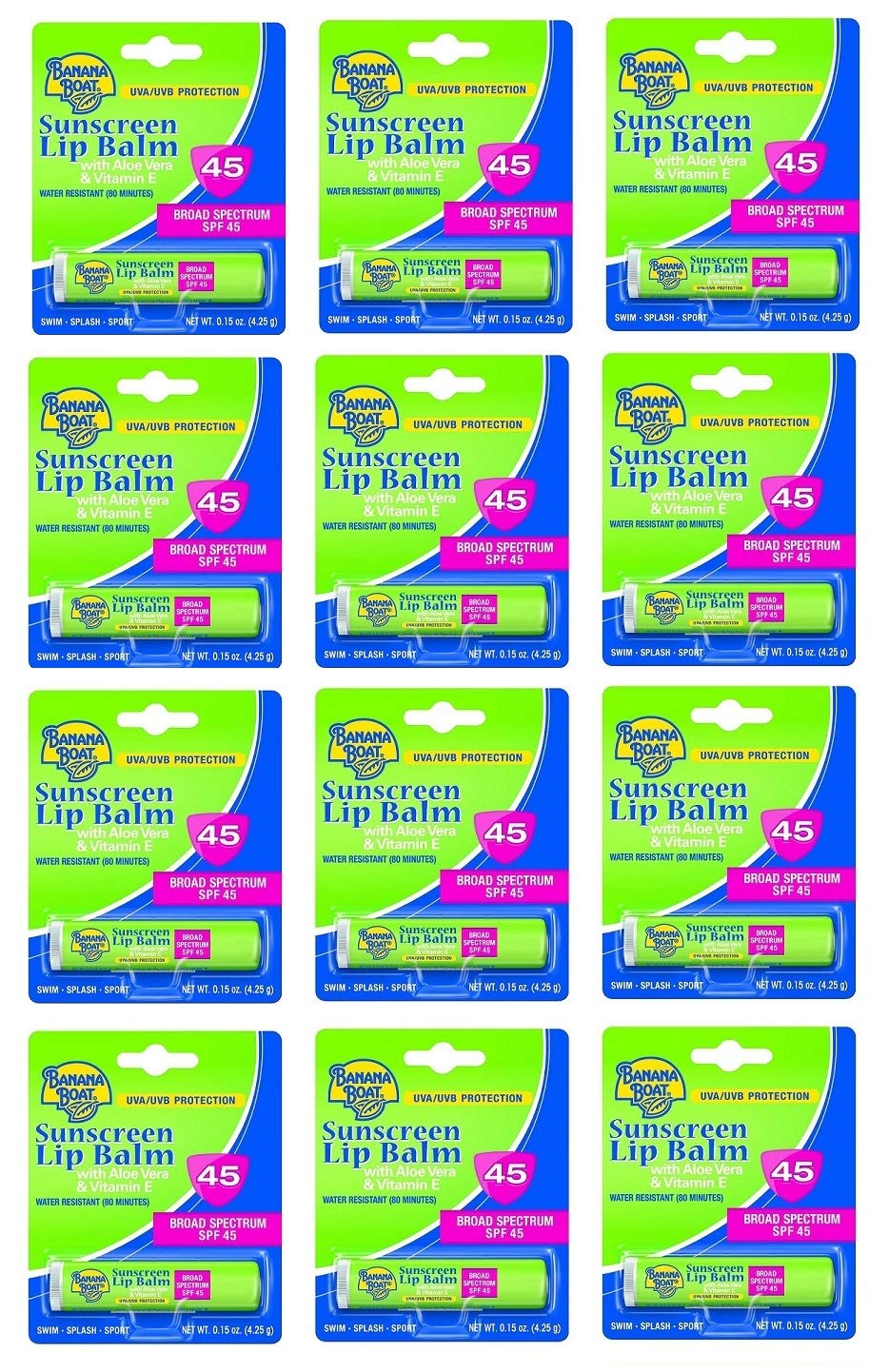 Banana Boat Aloe Vera Lip Balm SPF 45 – 12 Pack, 0.15 oz Each