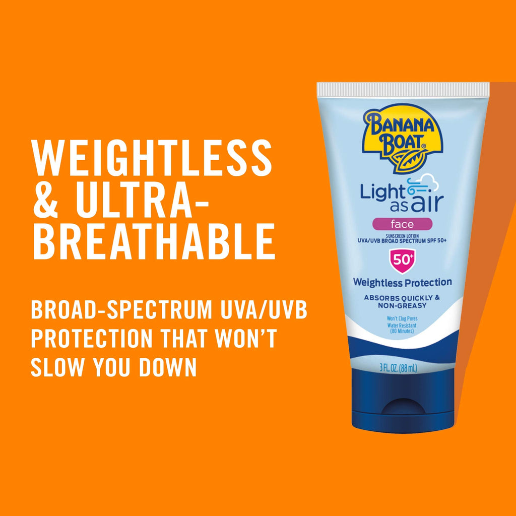 Banana Boat Light As Air SPF 50 Face Sunscreen – 3oz Travel Size, Non-Greasy, Oxybenzone-Free