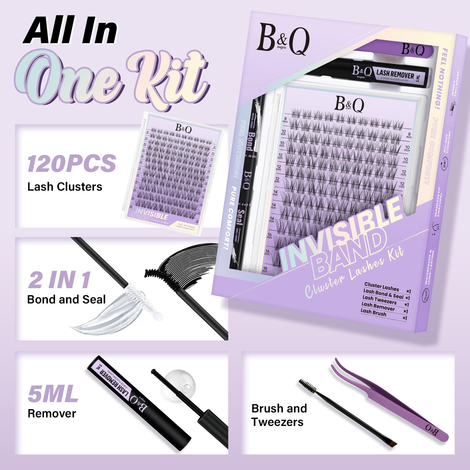 B&Qaugen Flora Lash Clusters Kit – DIY Lash Extensions at Home (120pcs, 8–18mm, Waterproof)
