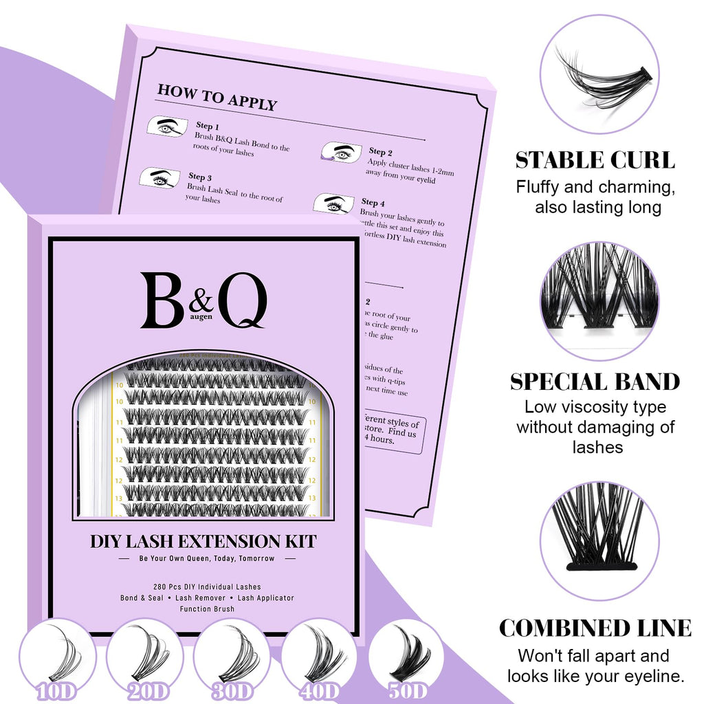 B&Qaugen Lash Clusters Kit 280PCS – DIY Eyelash Extensions with Bond & Seal Waterproof