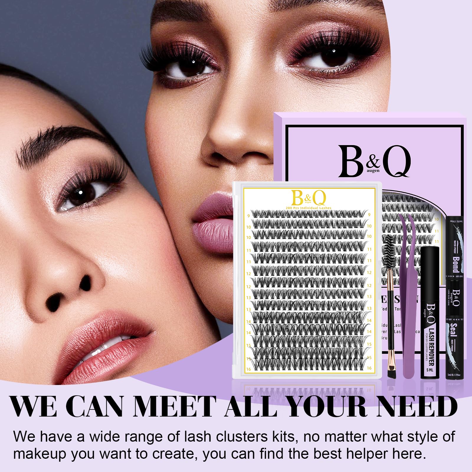 B&Qaugen Lash Clusters Kit 280PCS – DIY Eyelash Extensions with Bond & Seal Waterproof