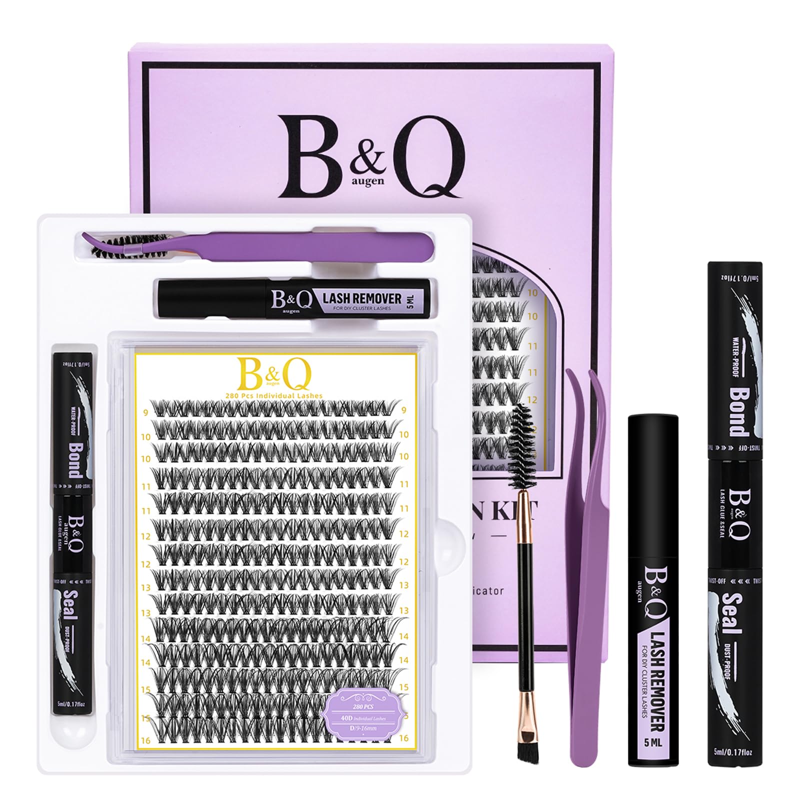 B&Qaugen Lash Clusters Kit 280PCS – DIY Eyelash Extensions with Bond & Seal Waterproof