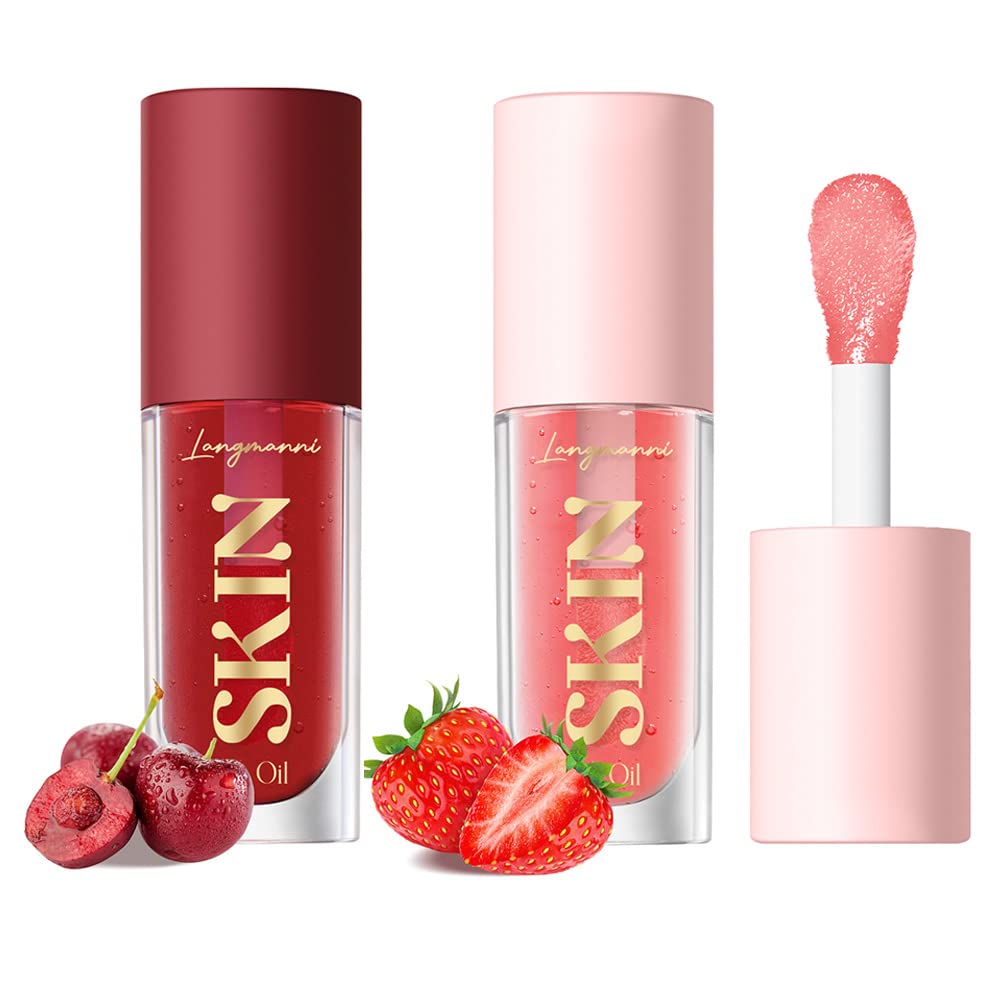 BANGFENG 2-Pack Hydrating Lip Glow Oil – Big Brush, Strawberry & Cherry
