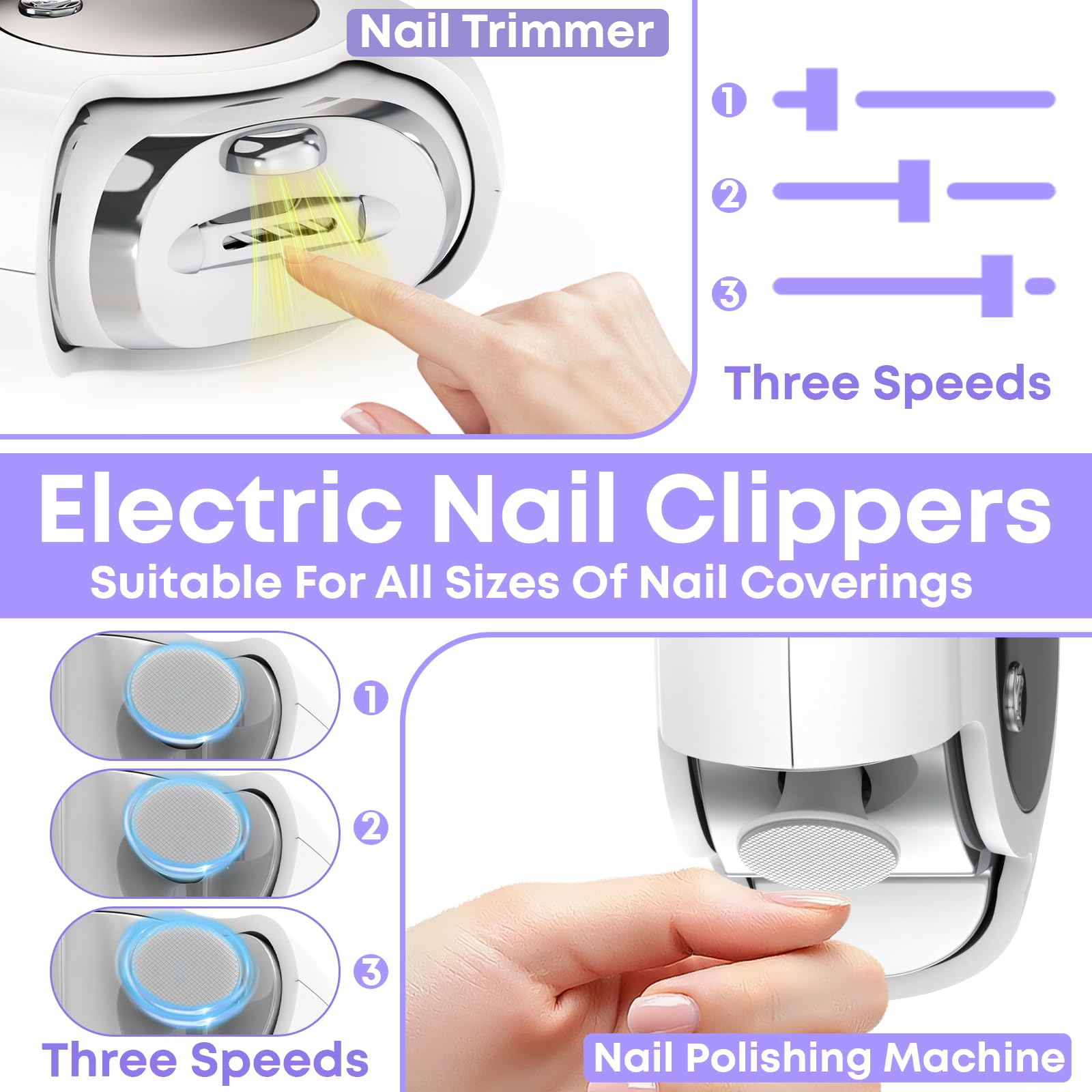 Baopilong 3-in-1 Electric Nail Clipper – 3 Speeds, LED Light, USB Rechargeable