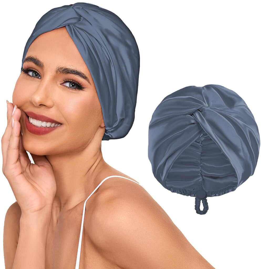 Baqzqudnl Adjustable Silk Satin Hair Bonnet for Sleep – Double Layer, Unisex, Slate Grey