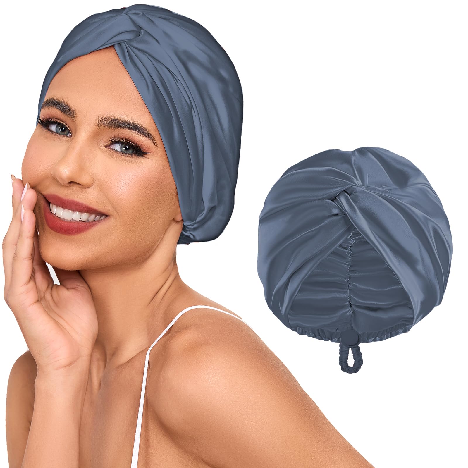 Baqzqudnl Adjustable Silk Satin Hair Bonnet for Sleep – Double Layer, Unisex, Slate Grey