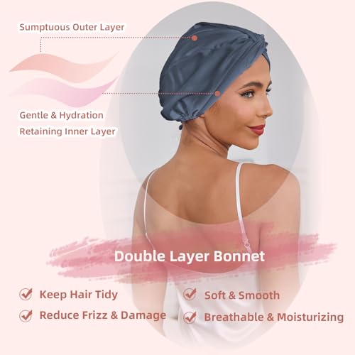 Baqzqudnl Adjustable Silk Satin Hair Bonnet for Sleep – Double Layer, Unisex, Slate Grey