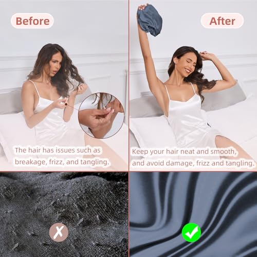 Baqzqudnl Adjustable Silk Satin Hair Bonnet for Sleep – Double Layer, Unisex, Slate Grey