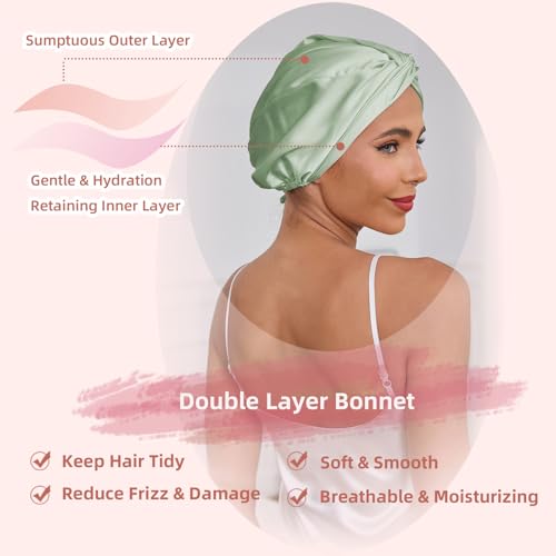 Baqzqudnl Adjustable Silk Satin Hair Bonnet – Double Layer Sleep Wrap (Unisex, Green)