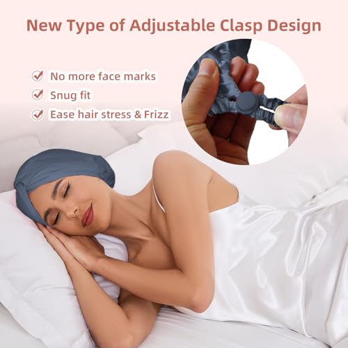 Baqzqudnl Adjustable Silk Satin Hair Bonnet for Sleep – Double Layer, Unisex, Slate Grey