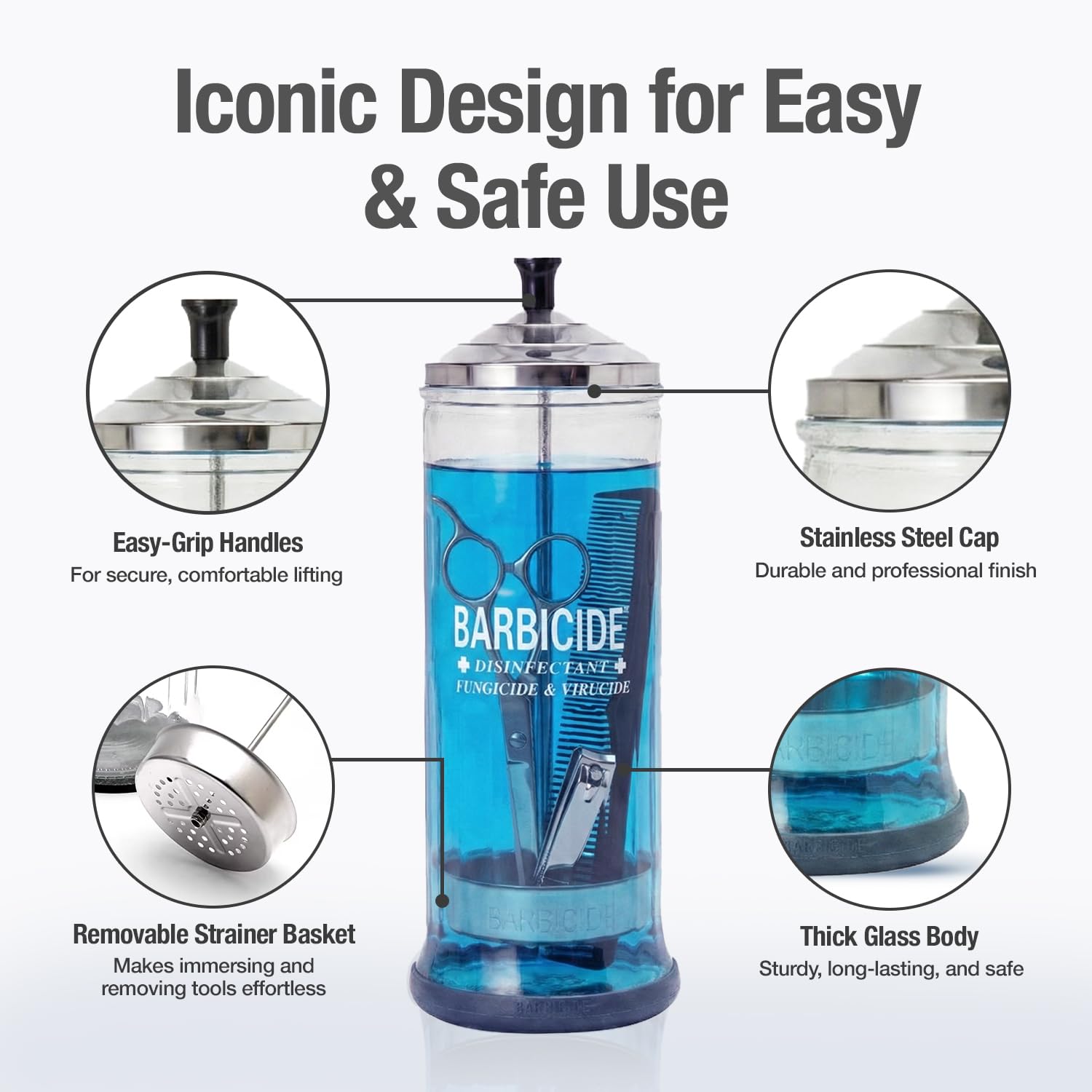 BARBICIDE Disinfecting Jar Large 37 Fl Oz – Glass Tool Sanitizer with Stainless Cap & Basket for Salons