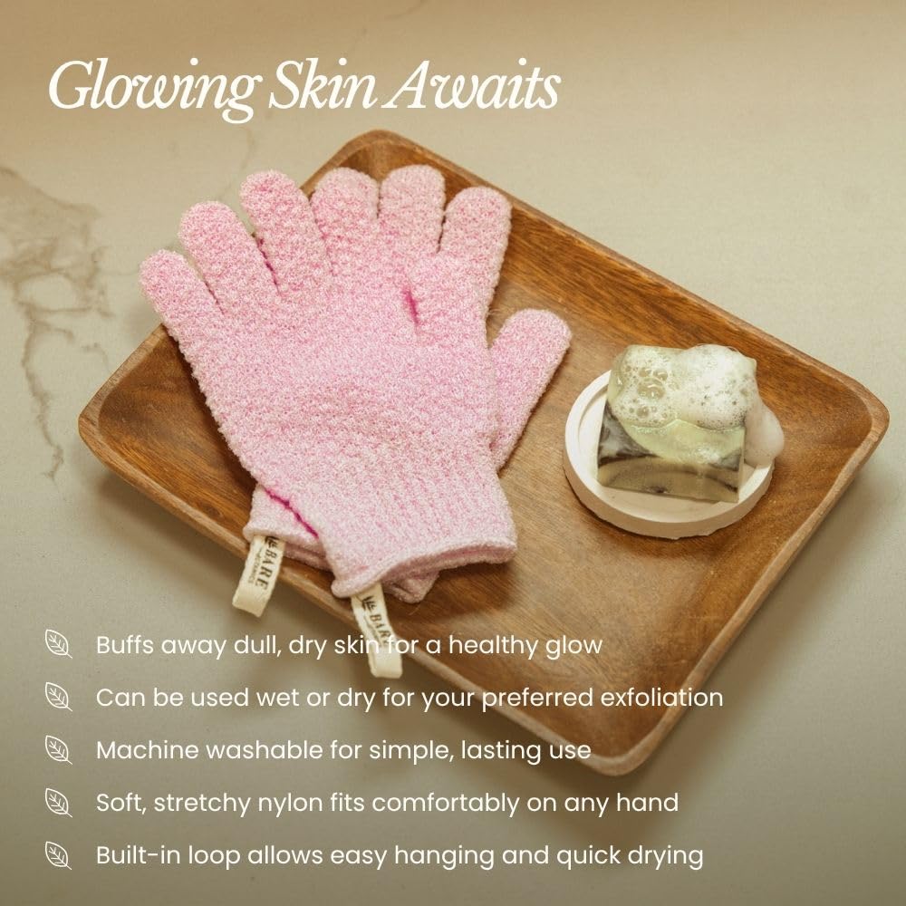 Bare Botanics 4-Pack White Exfoliating Gloves for Shower | Deep Nylon Fiber Body Scrubbers
