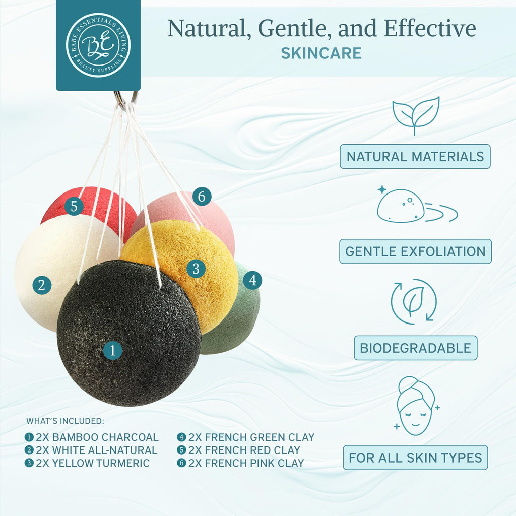 Bare Essentials Living Konjac Sponge Set (12 Pack) – Activated Charcoal & Natural Exfoliating Sponges