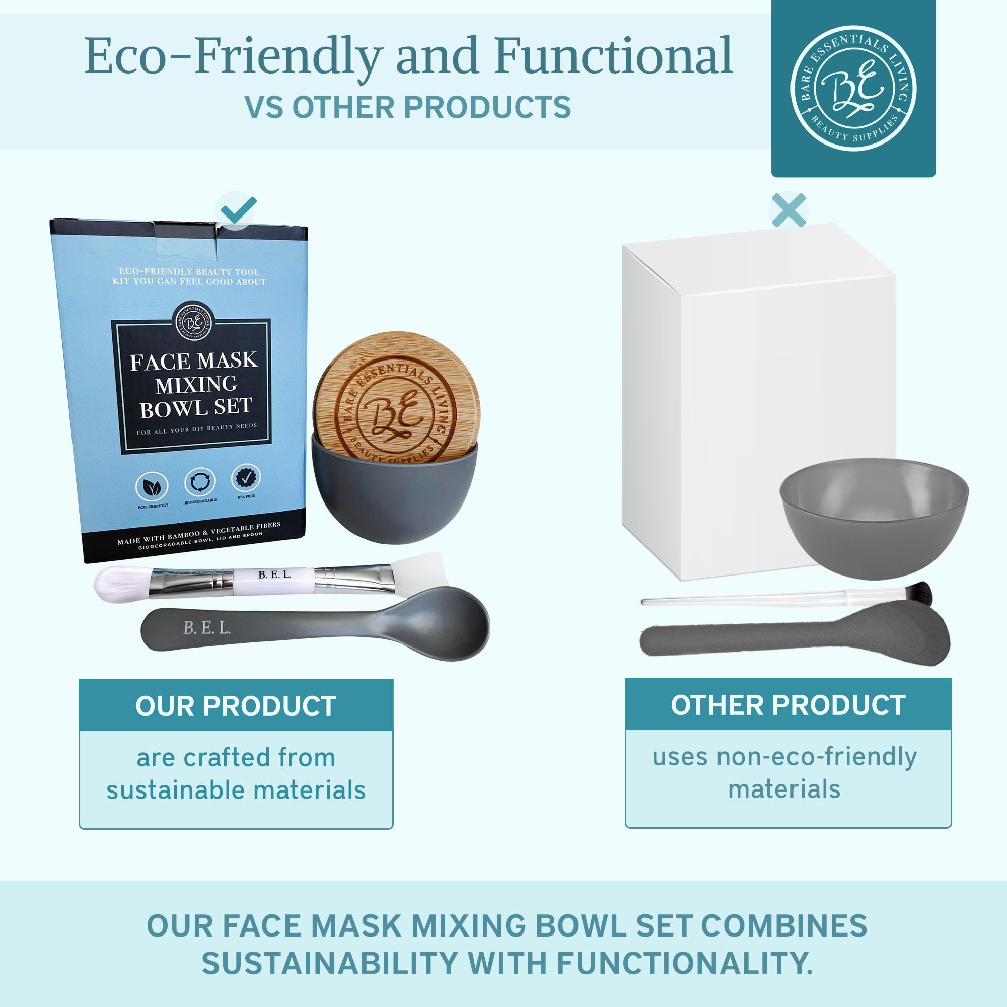 Bare Essentials Living - Clay Face Mask Mixing Bowl Set with Bamboo Lid, Spoon & Dual-Sided Brush