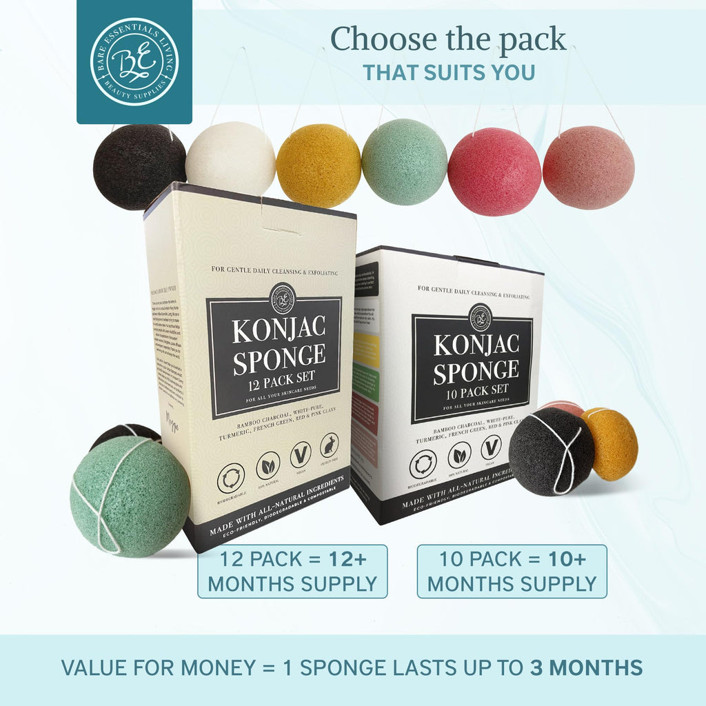 Bare Essentials Living Konjac Sponge Set (12 Pack) – Activated Charcoal & Natural Exfoliating Sponges