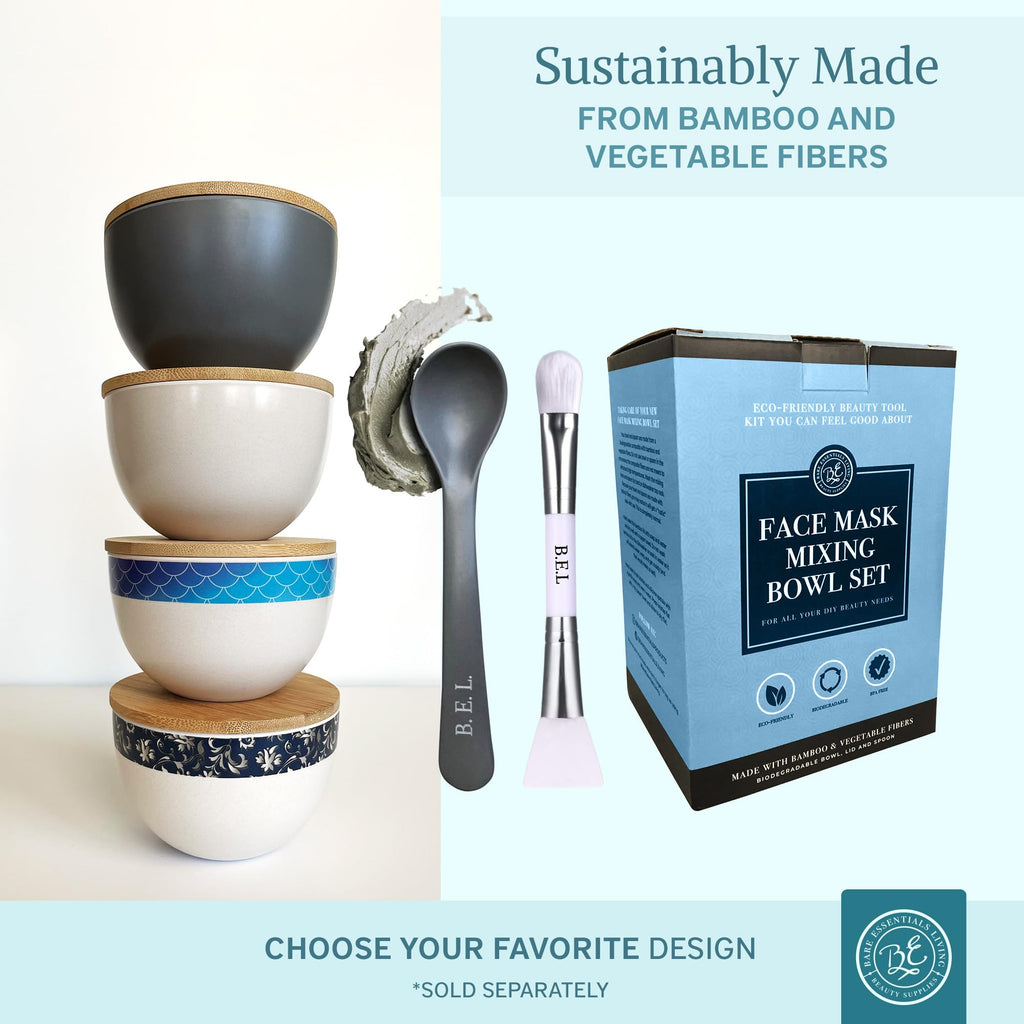 Bare Essentials Living - Clay Face Mask Mixing Bowl Set with Bamboo Lid, Spoon & Dual-Sided Brush