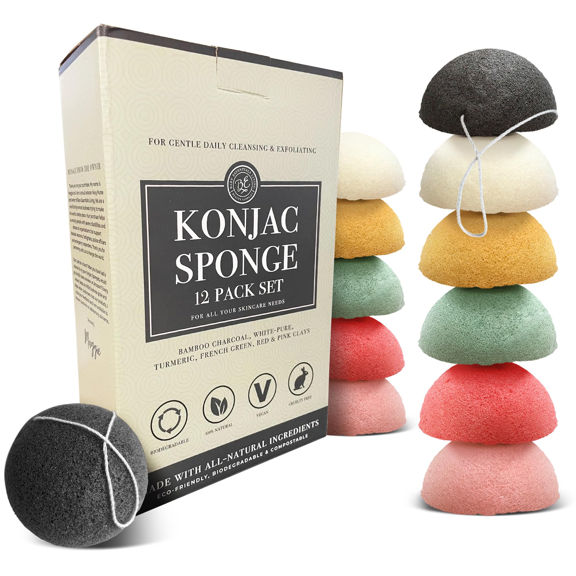 Bare Essentials Living Konjac Sponge Set (12 Pack) – Activated Charcoal & Natural Exfoliating Sponges