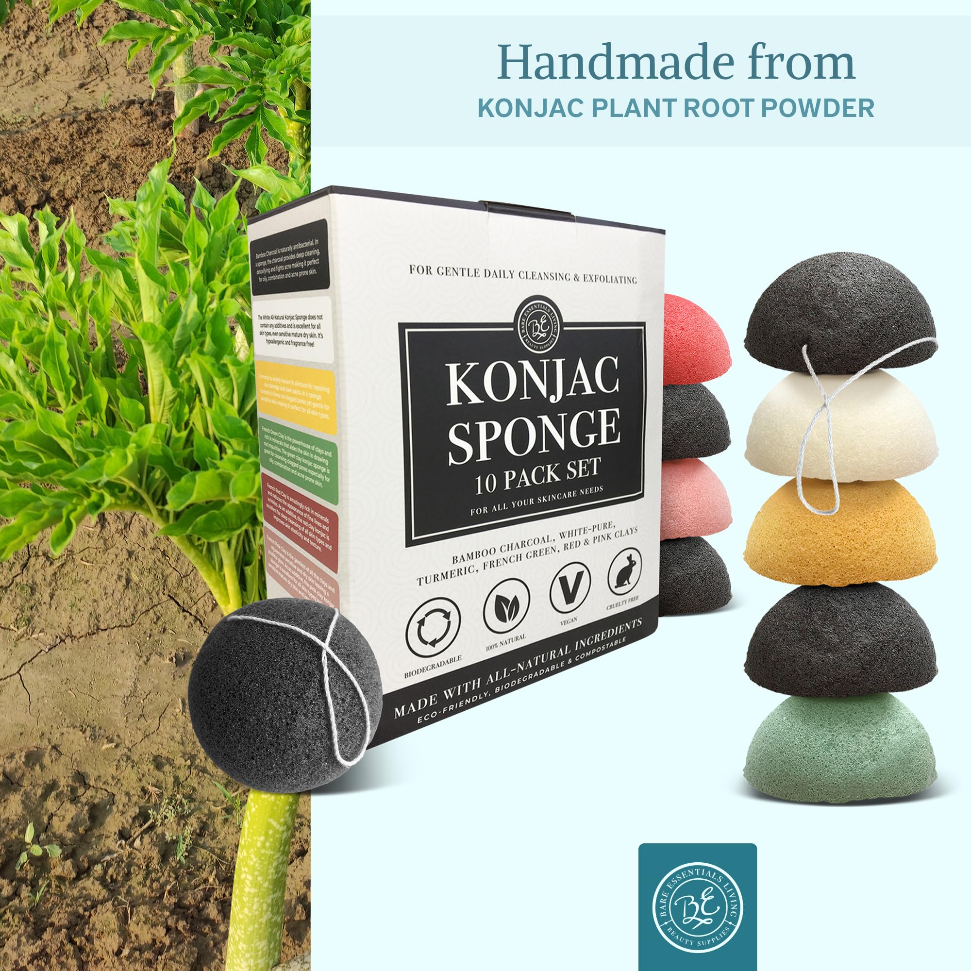 Bare Essentials Living Konjac Sponges Set – 10 Pack with Activated Bamboo Charcoal