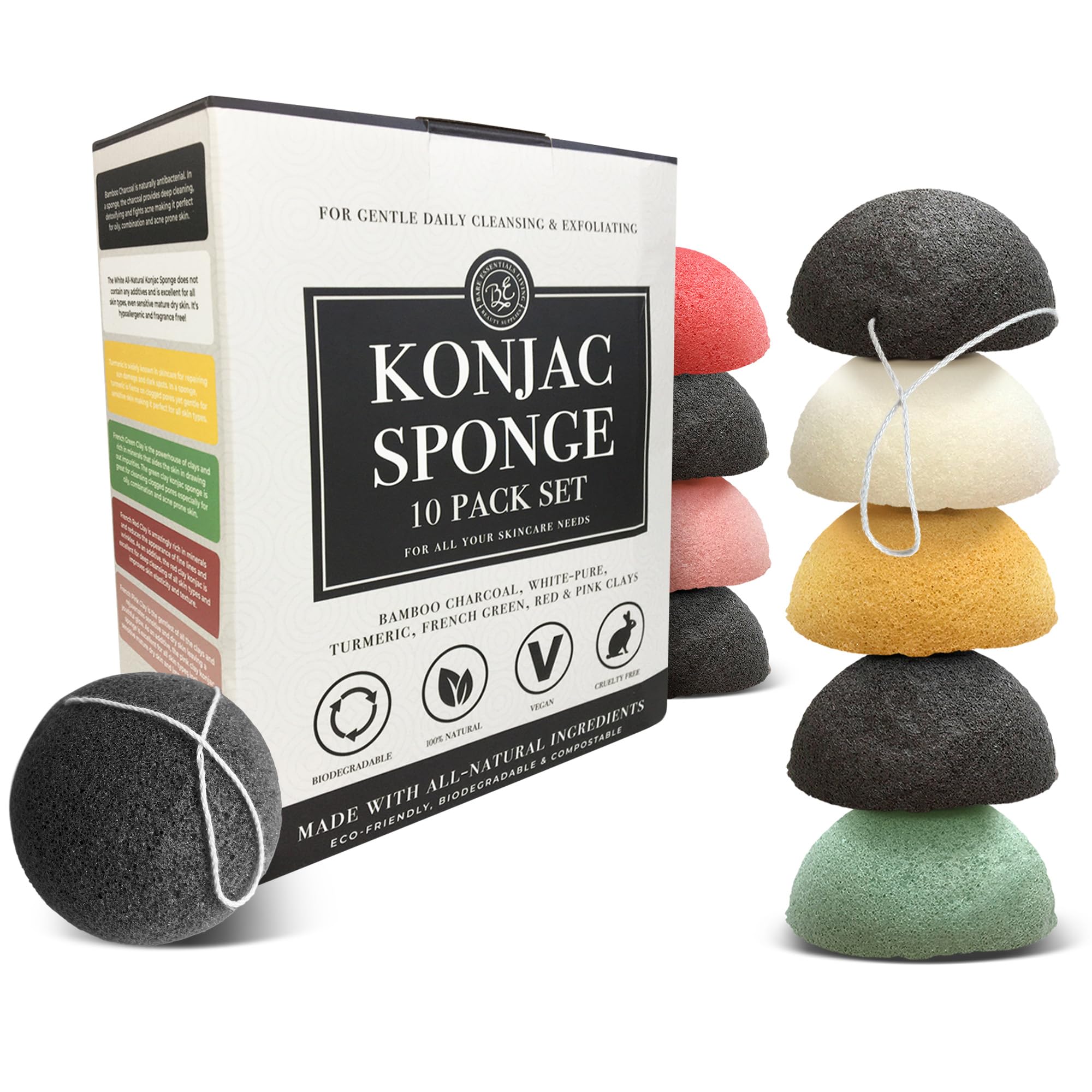 Bare Essentials Living Konjac Sponges Set – 10 Pack with Activated Bamboo Charcoal