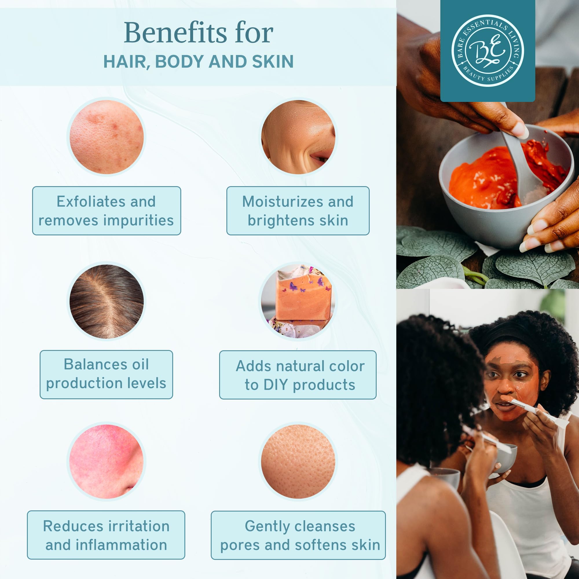 Bare Essentials Living Pink Kaolin Clay Rose Powder (12 oz) – 100% Natural Pink Clay for DIY Masks, Soaps, Bath & Colorants