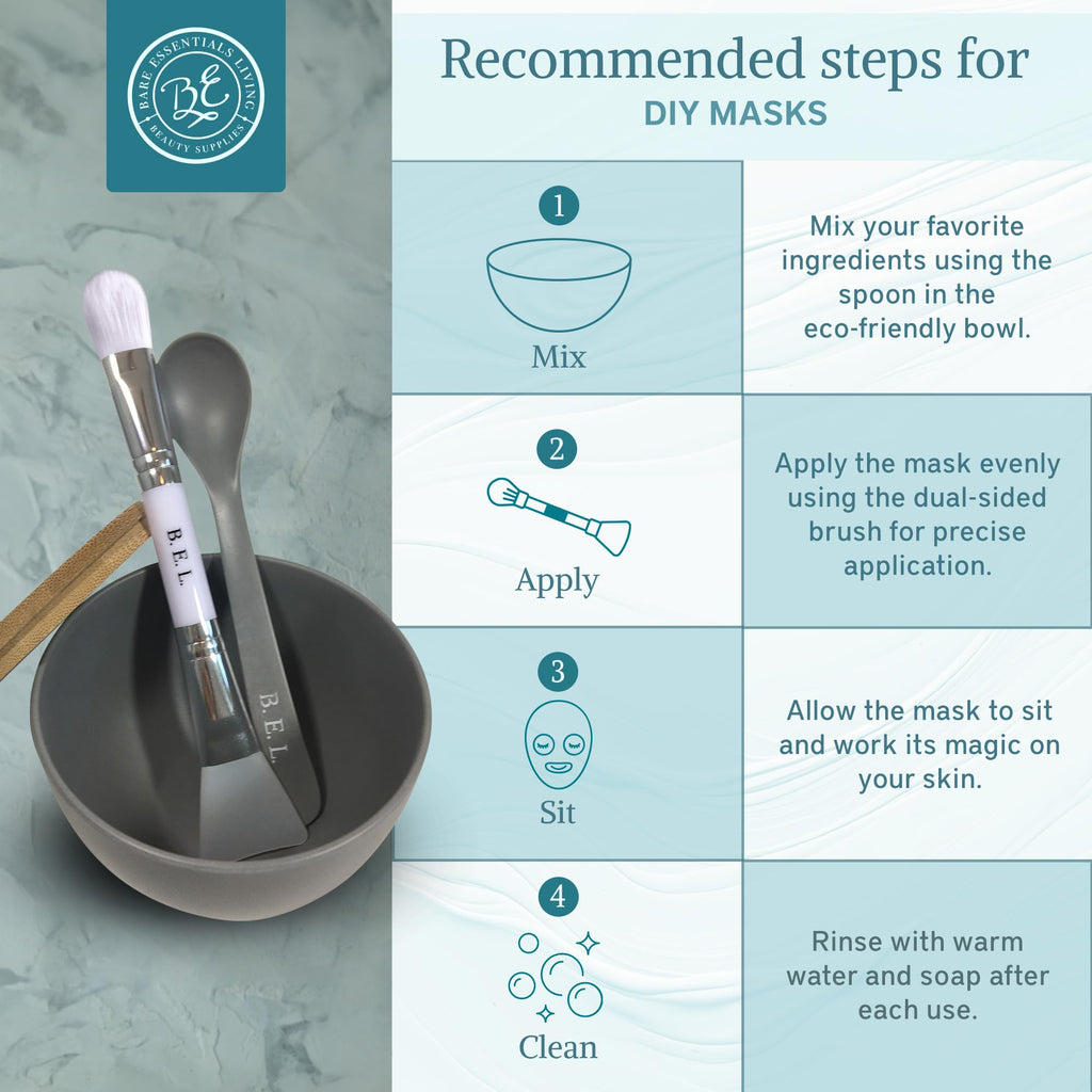 Bare Essentials Living - Clay Face Mask Mixing Bowl Set with Bamboo Lid, Spoon & Dual-Sided Brush