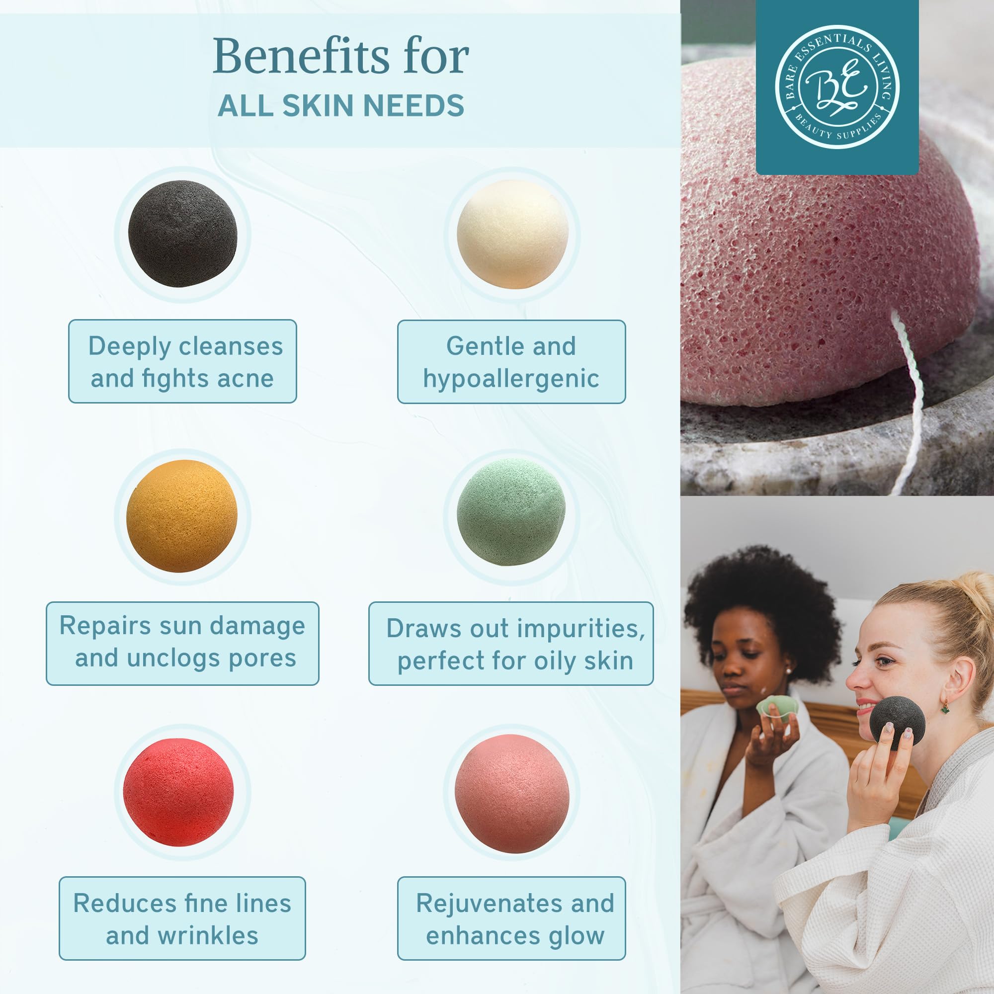Bare Essentials Living Konjac Sponge Set (12 Pack) – Activated Charcoal & Natural Exfoliating Sponges