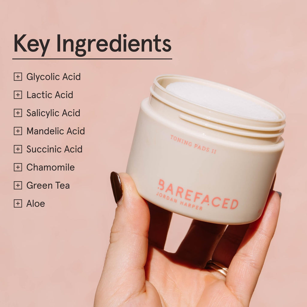 Barefaced Toning Pads II (60 Count) – Exfoliating Pads with 5% Glycolic & Salicylic Acid for Brightening and Clear Pores