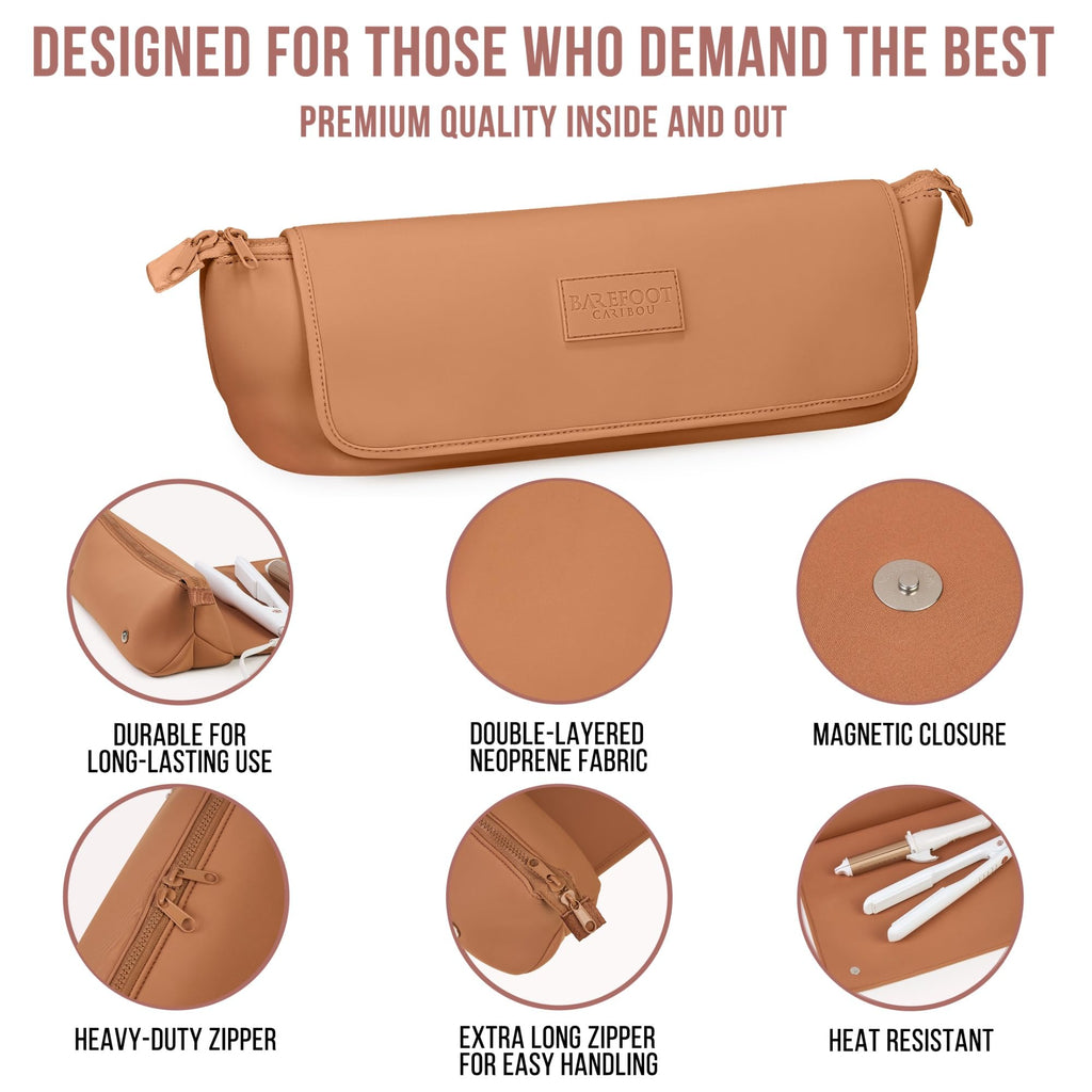 BAREFOOT CARIBOU Hair Tools Travel Bag & Heat-Resistant Mat | 2-in-1 Organizer with Pockets (Brown)
