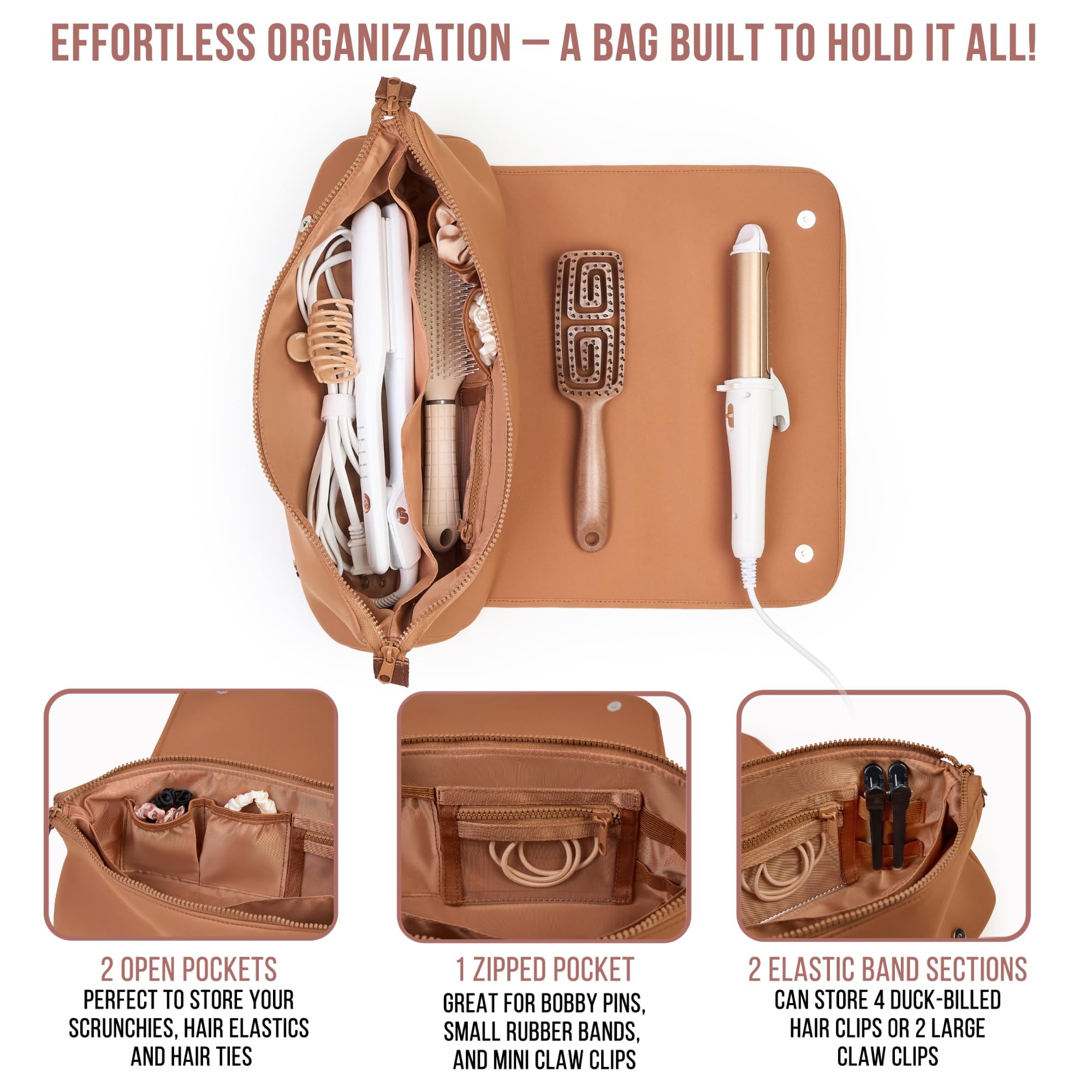 BAREFOOT CARIBOU Hair Tools Travel Bag & Heat-Resistant Mat | 2-in-1 Organizer with Pockets (Brown)