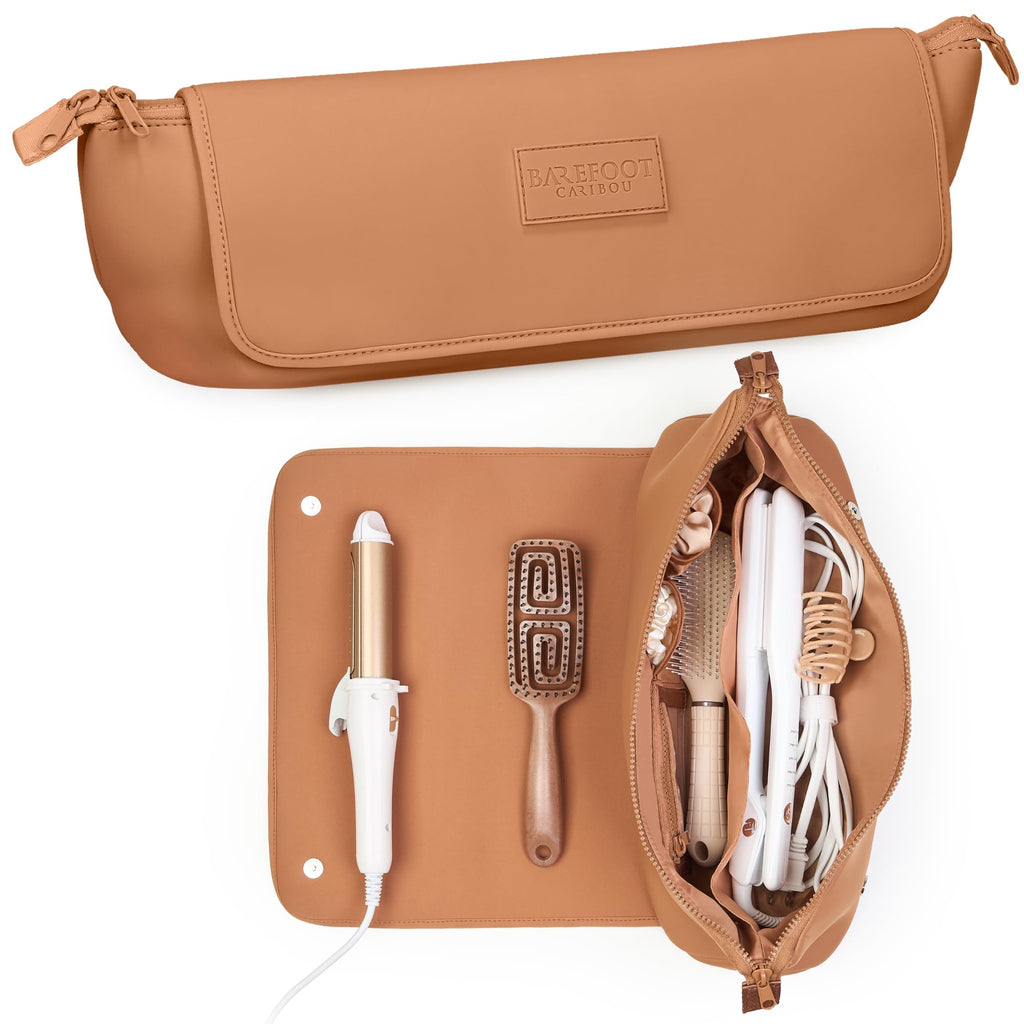 BAREFOOT CARIBOU Hair Tools Travel Bag & Heat-Resistant Mat | 2-in-1 Organizer with Pockets (Brown)