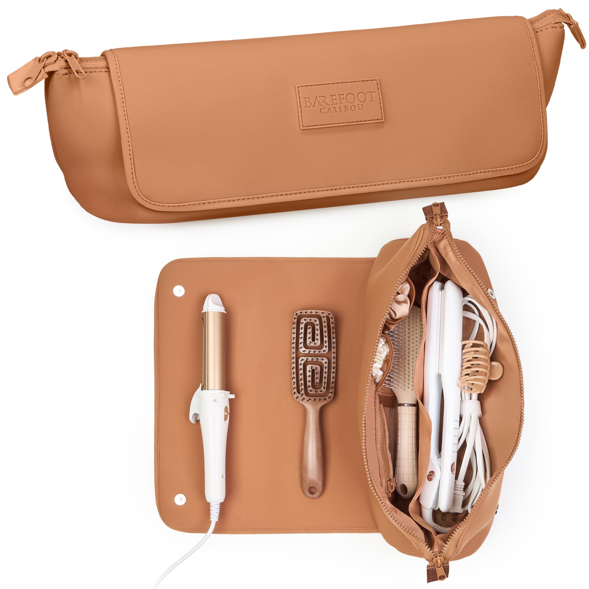 BAREFOOT CARIBOU Hair Tools Travel Bag & Heat-Resistant Mat | 2-in-1 Organizer with Pockets (Brown)