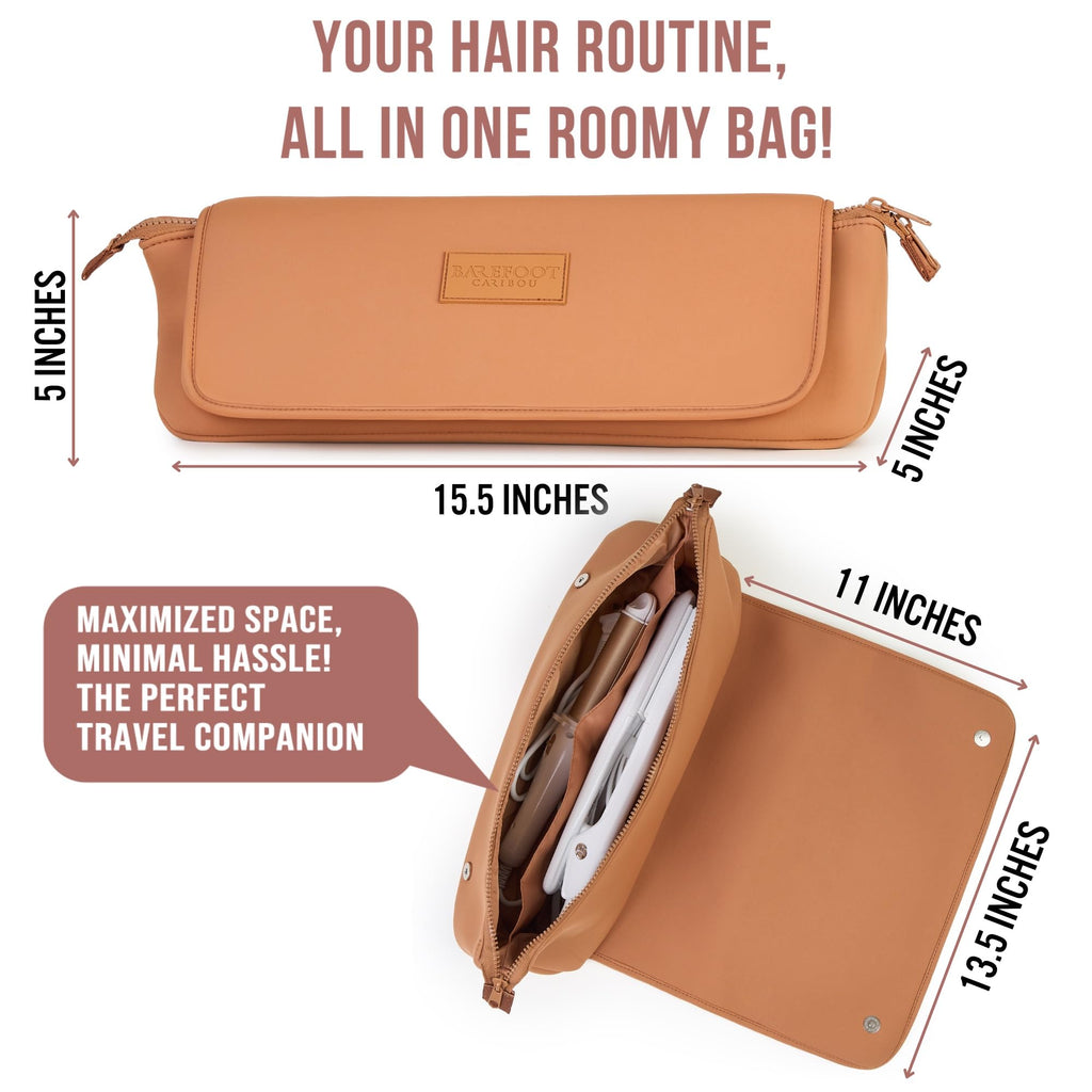 BAREFOOT CARIBOU Hair Tools Travel Bag & Heat-Resistant Mat | 2-in-1 Organizer with Pockets (Brown)