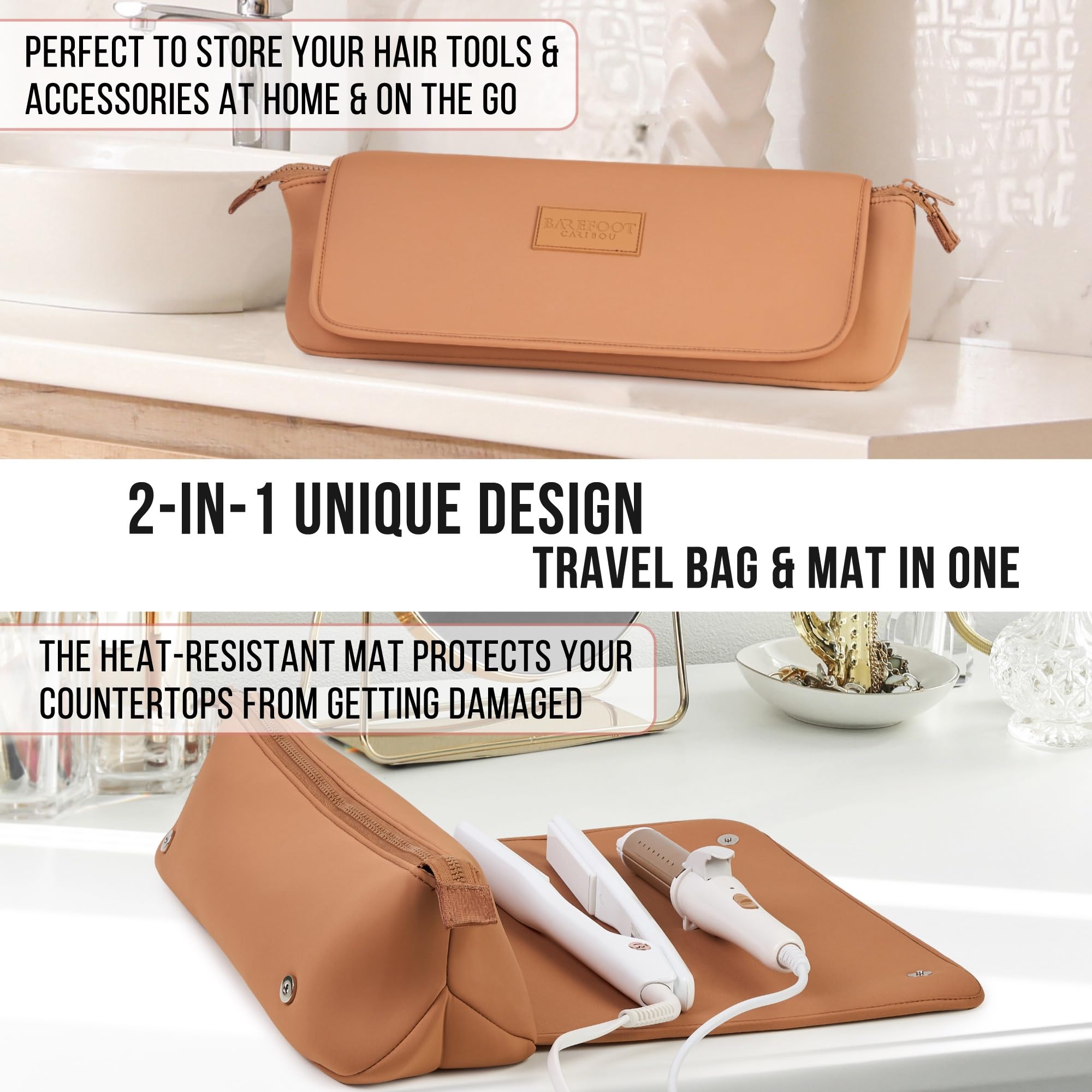 BAREFOOT CARIBOU Hair Tools Travel Bag & Heat-Resistant Mat | 2-in-1 Organizer with Pockets (Brown)