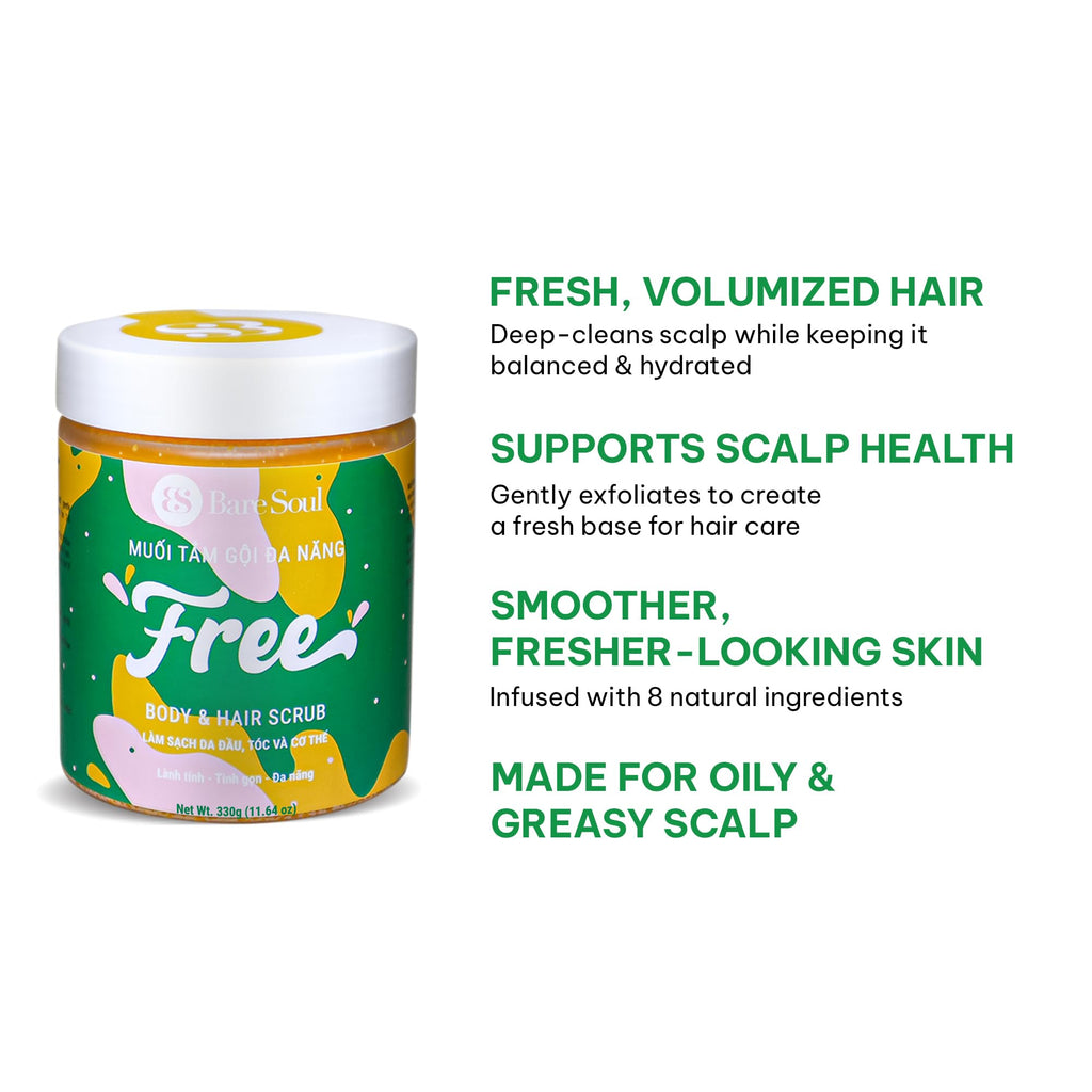 BareSoul FREE Body & Hair Scrub 11.6 oz | Natural Exfoliating Scrub for Scalp & Body