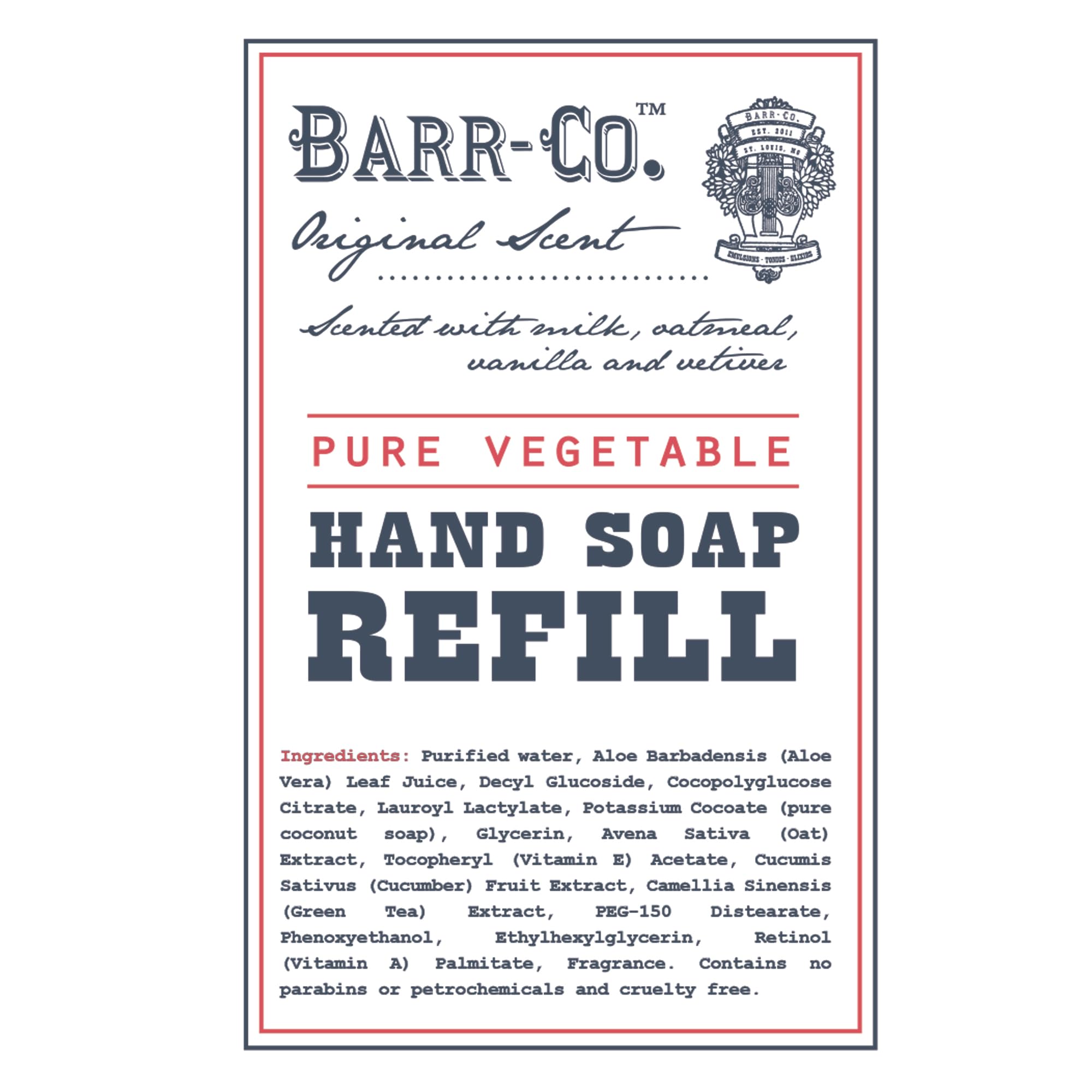 BARR-CO Liquid Soap Refill – Oat, Vanilla & Vetiver – Vegan, Moisturizing 32oz