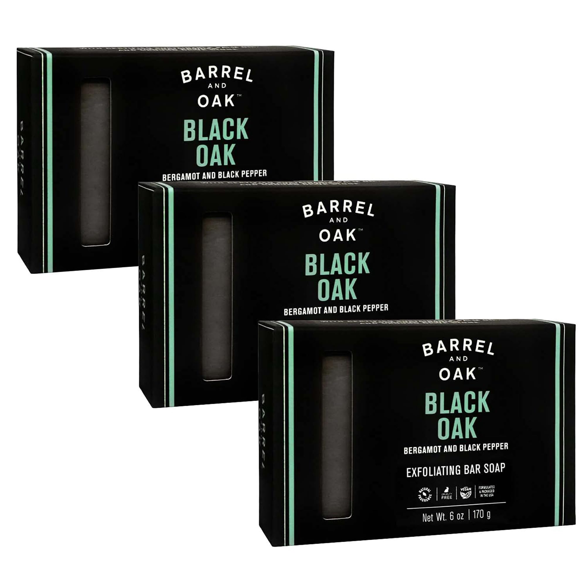 Barrel & Oak Exfoliating Bar Soap for Men – Black Oak 3-Pack | Kaolin Clay & Charcoal