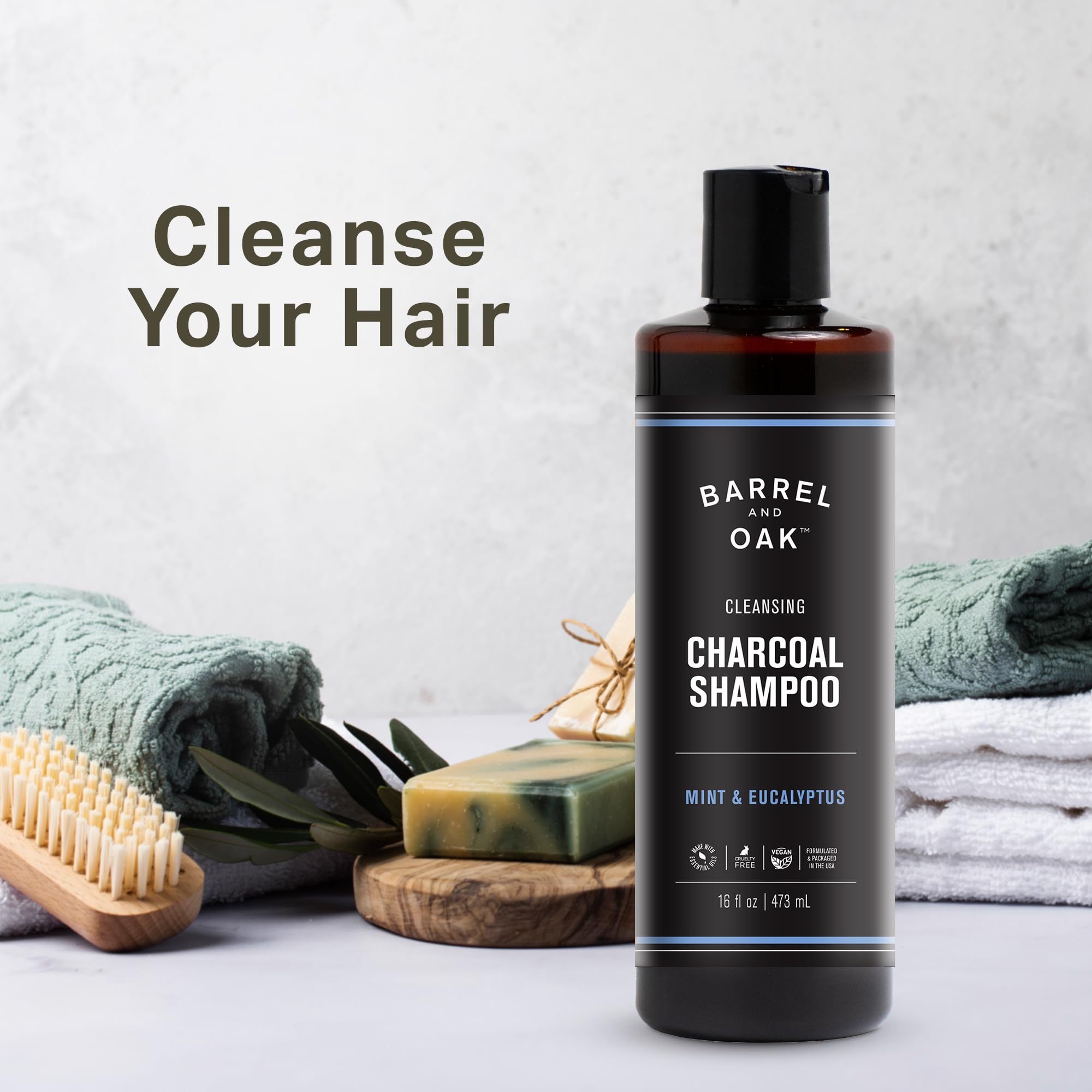 Barrel & Oak Mint Eucalyptus Charcoal Shampoo + Bourbon Cedar Leave-In Conditioner – 16 oz Each