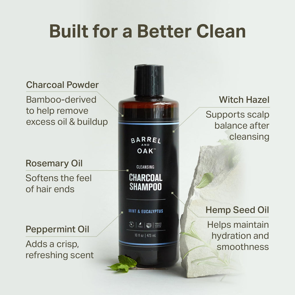 Barrel & Oak Mint Eucalyptus Charcoal Shampoo + Bourbon Cedar Leave-In Conditioner – 16 oz Each