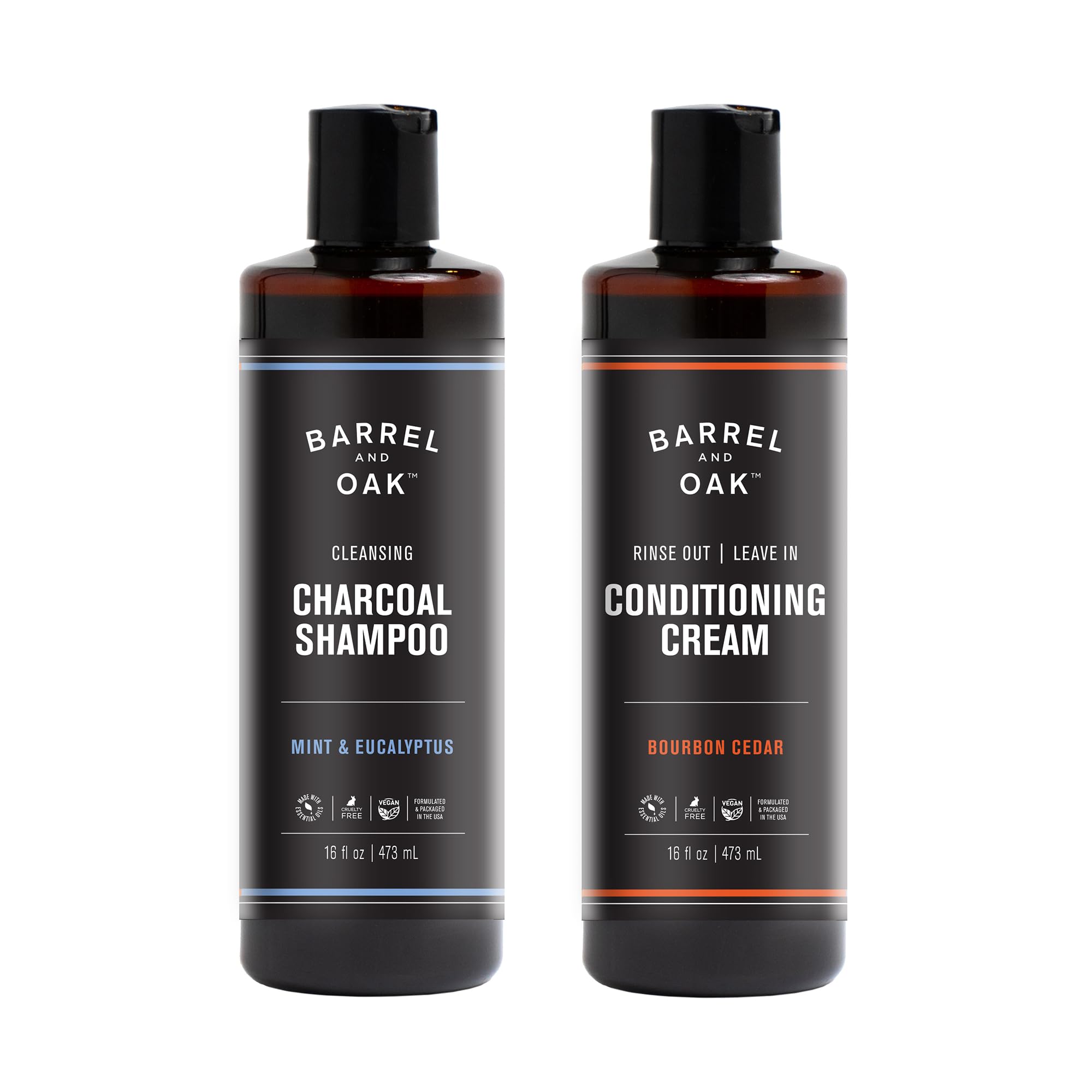 Barrel & Oak Mint Eucalyptus Charcoal Shampoo + Bourbon Cedar Leave-In Conditioner – 16 oz Each