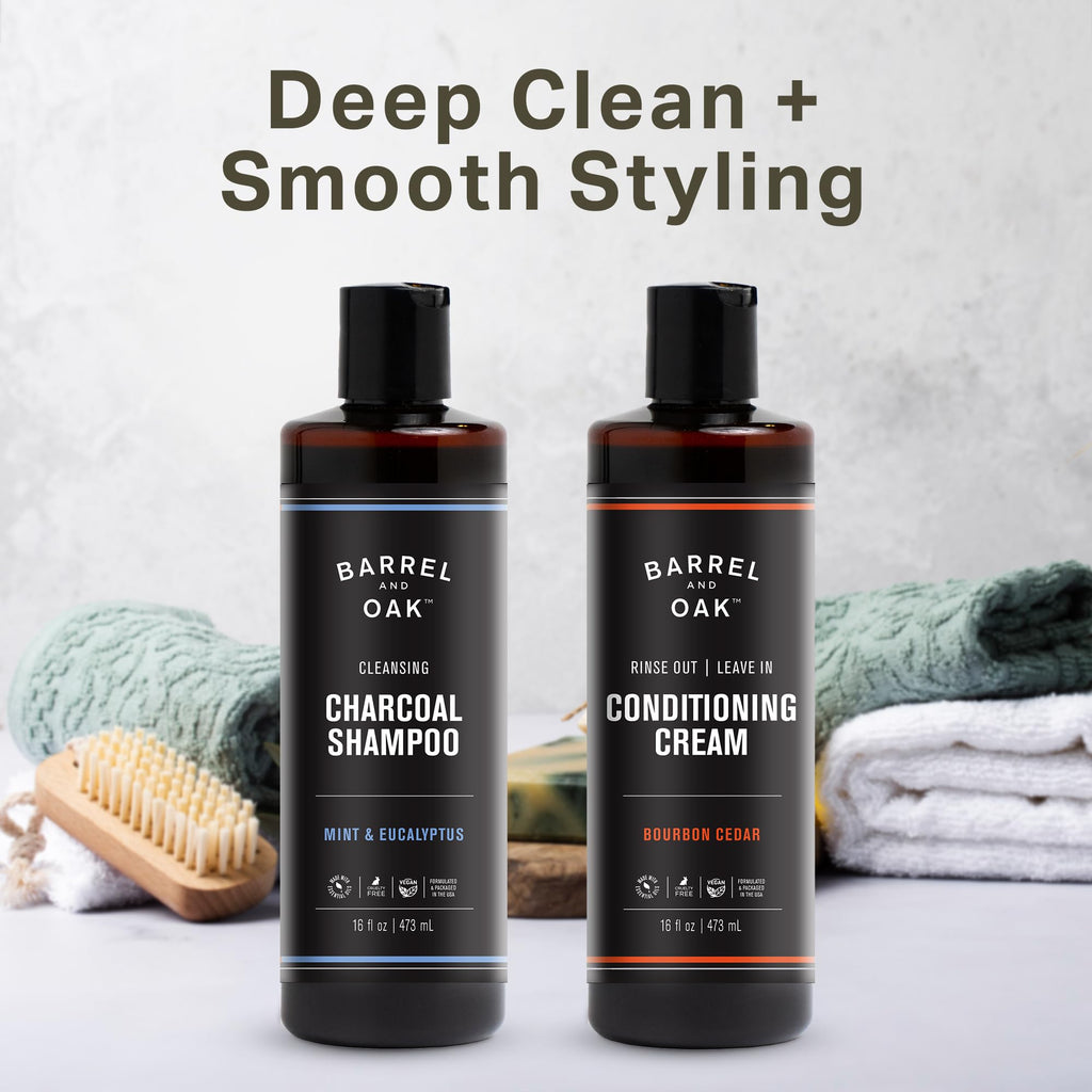Barrel & Oak Mint Eucalyptus Charcoal Shampoo + Bourbon Cedar Leave-In Conditioner – 16 oz Each