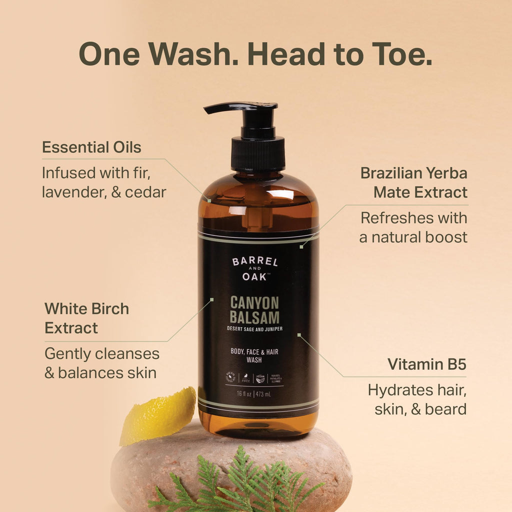 Barrel & Oak Canyon Balsam Grooming Set – All-in-One Body Wash, 2-in-1 Shampoo & Exfoliating Bar (3-Piece) | Vegan, USA-Made