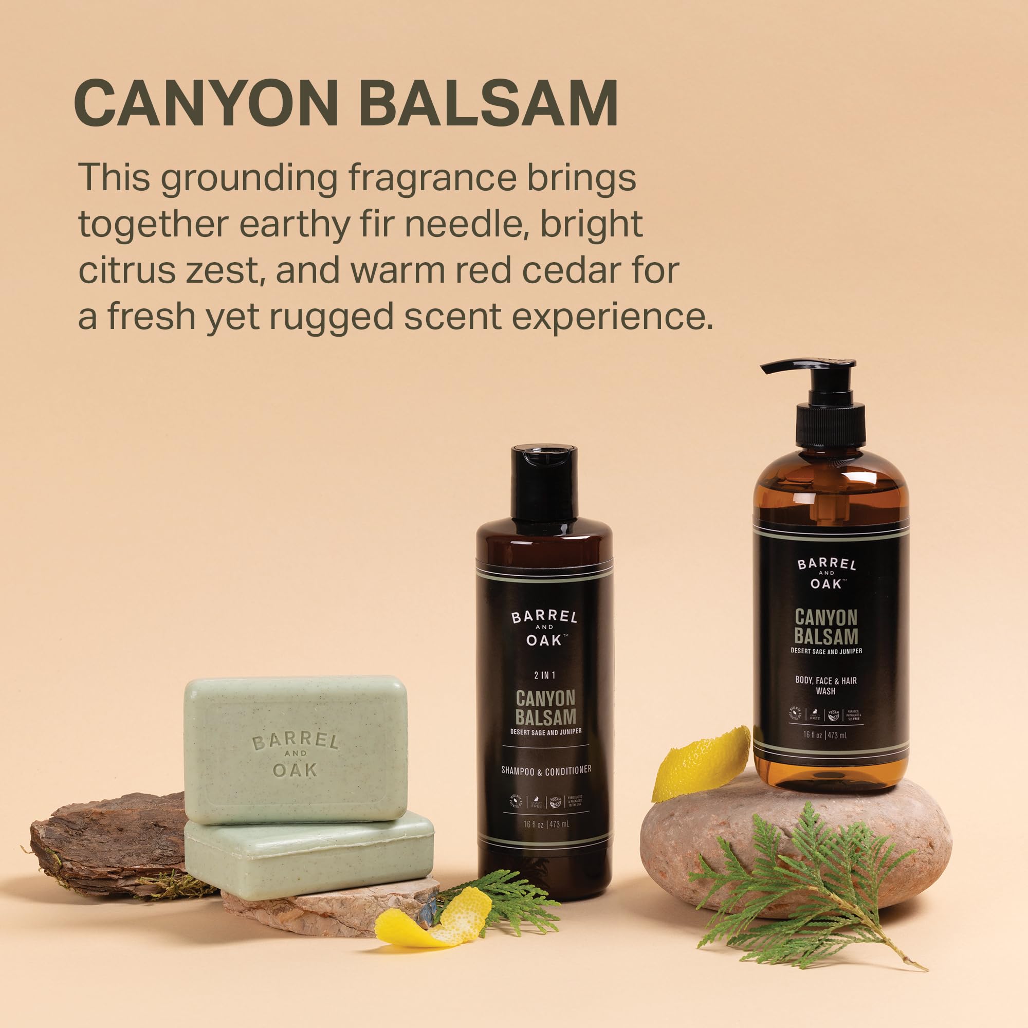 Barrel & Oak Canyon Balsam Grooming Set – All-in-One Body Wash, 2-in-1 Shampoo & Exfoliating Bar (3-Piece) | Vegan, USA-Made