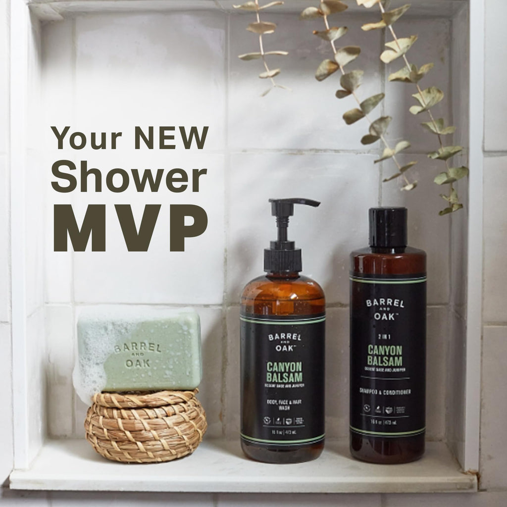Barrel & Oak Canyon Balsam Grooming Set – All-in-One Body Wash, 2-in-1 Shampoo & Exfoliating Bar (3-Piece) | Vegan, USA-Made