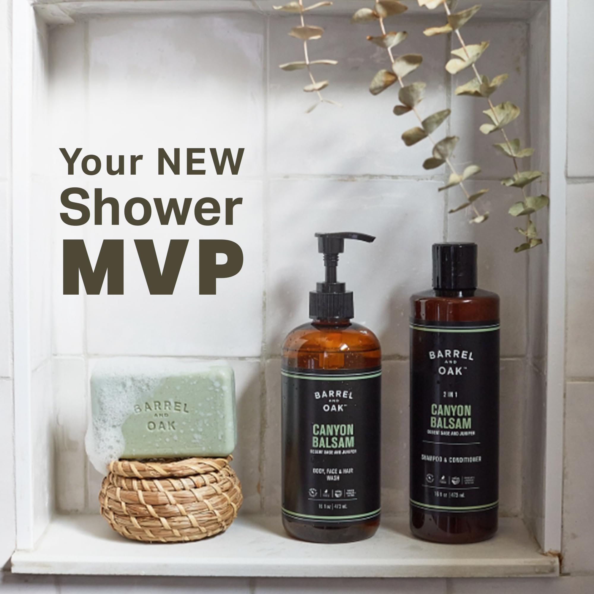 Barrel & Oak Canyon Balsam Grooming Set – All-in-One Body Wash, 2-in-1 Shampoo & Exfoliating Bar (3-Piece) | Vegan, USA-Made