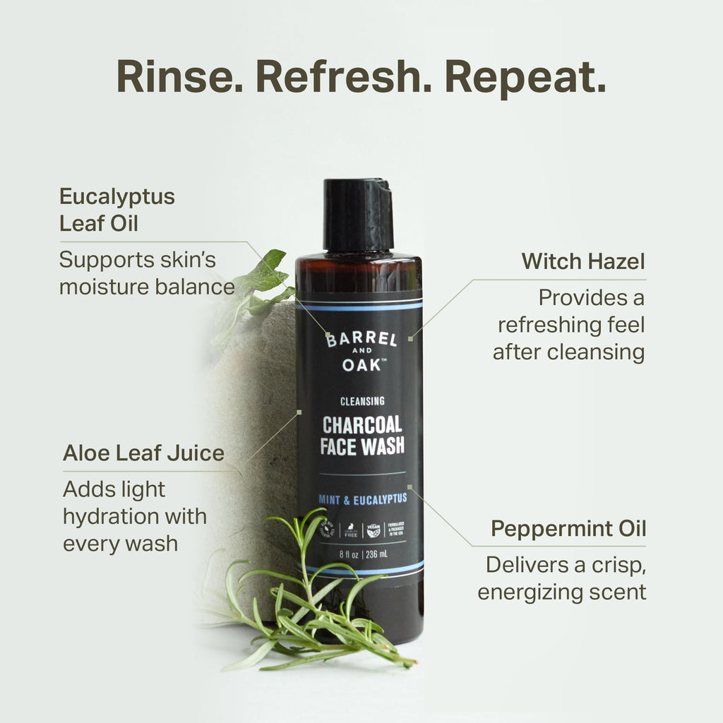 Barrel & Oak Mint & Eucalyptus Body Care Set for Men | Charcoal Face Wash, Shampoo & Conditioner