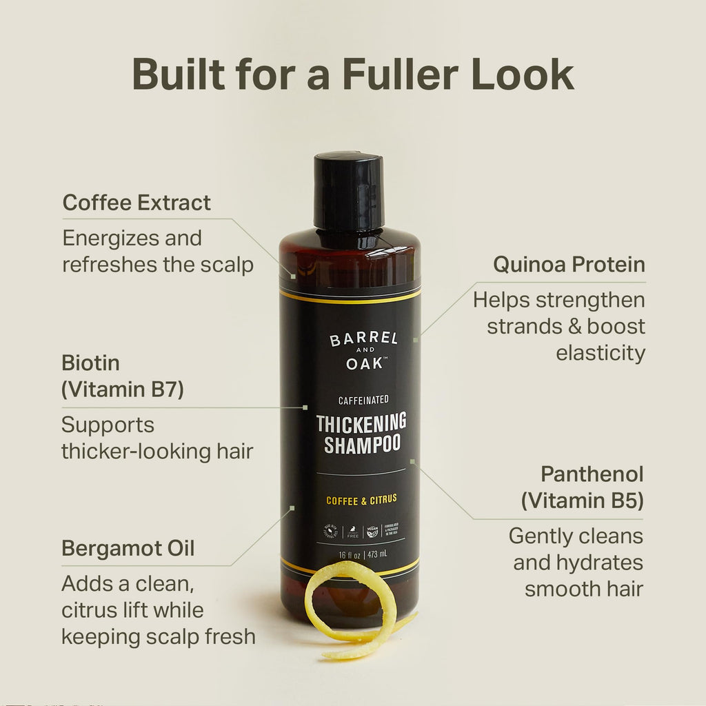 Barrel & Oak Coffee & Citrus Caffeinated Hair Thickening Shampoo for Men | Vegan, Made in USA