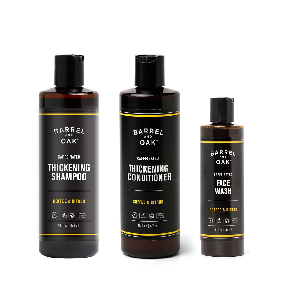 Barrel & Oak Coffee & Citrus 3-Piece Grooming Set for Men – Caffeinated Face Wash, Shampoo & Conditioner