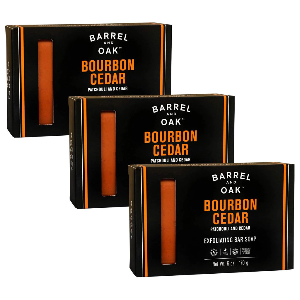 Barrel & Oak Exfoliating Bar Soap for Men – Bourbon Cedar, Kaolin & Red Clay, Walnut Shell & Olive Stone, 3-Pack | Vegan & SLS-Free