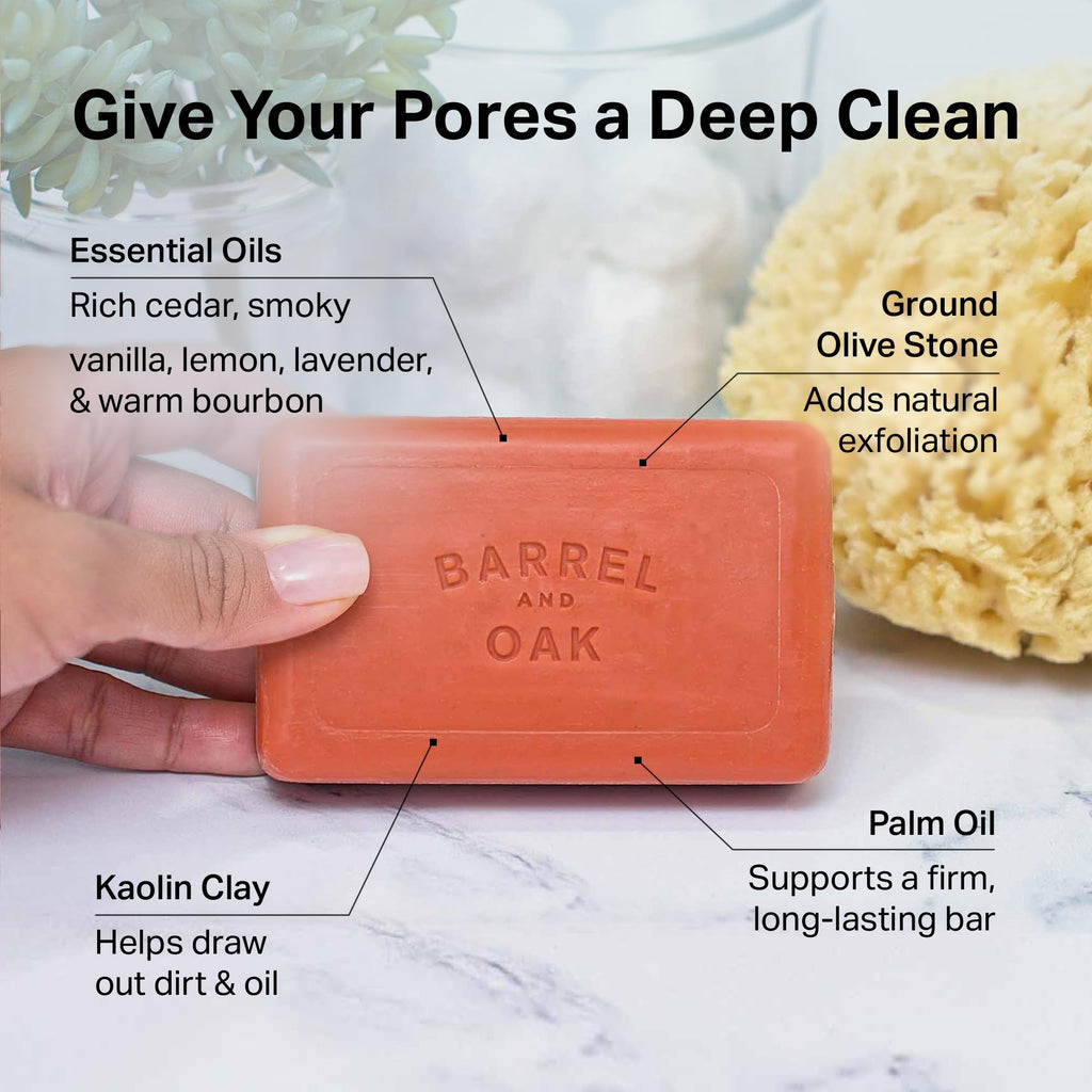 Barrel & Oak Exfoliating Bar Soap for Men – Bourbon Cedar, Kaolin & Red Clay, Walnut Shell & Olive Stone, 3-Pack | Vegan & SLS-Free